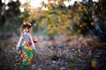 Ukrainian doll-motanka or rag doll. Rag doll in traditional Ukrainian costume against the background of an autumn forest
