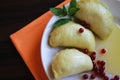 Ukrainian dumplings with currants closeup