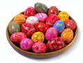Ukrainian Easter Colorful Eggs in a wooden plate