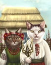 a Ukrainian family of cats against the background of an ethnic hut Royalty Free Stock Photo