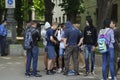 Group of Ukrainian far rightists teenagers communicating. May 25, 2013. Kiev, Ukraine Royalty Free Stock Photo