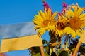 Ukrainian flag with flowers,blue and yellow flag with a bouquet of flowers in the blue sky, Victory of Ukraine