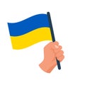 Ukrainian flag hold patriot in hand. Independent country.