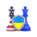 Ukrainian Flag Protection Shield in front of King Chess with USA and European Union Flags. 3d Rendering