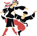 Black-red-beige stylized silhouette. Ukrainian folk dance. A girl and a guy dance hopak in national Ukrainian costumes. Logo