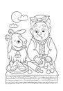 Grandma coloring page. Village outline. Ukrainian fairy tale about the golden egg.