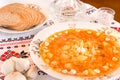 Ukrainian food - borsch, vodka, bread Royalty Free Stock Photo