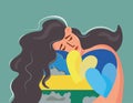 Ukrainian girl hugs the heart of the planet, mourns. A young woman mourns for the Ukrainian land. Vector illustration