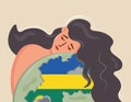 Ukrainian girl hugs the planet, mourns. A young woman grieves for the Ukrainian land. Vector illustration. The concept