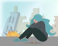 Ukrainian girl mourns. Flat vector illustration with a woman sitting hugging her knees against the background of the