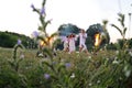 Ukrainian girl in a white sundress with a wreath of flowers on h Royalty Free Stock Photo