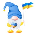 Ukrainian Gnome in colors blue and yellow in the hands of flag of Ukraine and heart