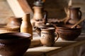 Ukrainian handmade clay dishes. Applied and Hutsul ceramics. Clay jug, cups, bowl. Ukrainian traditions in the Carpathians.