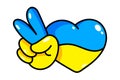 Ukrainian heart with hand gesture V sign for victory or peace. Hand drawing Ukraine icon, sticker or print illustration isolated Royalty Free Stock Photo