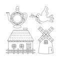 Ukrainian house, jug, mill, bird with a branch. Ukrainian symbols