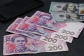Ukrainian 200 hryvnia, American one hundred dollars and smartphone, money background