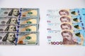 Ukrainian hryvnia, new banknotes of 1000 hryvnias and American 100 dollar bills. Money background, concept of gifts