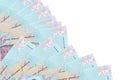 1000 Ukrainian hryvnias bills lies isolated on white background with copy space stacked in fan close up Royalty Free Stock Photo