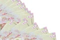 100 Ukrainian hryvnias bills lies isolated on white background with copy space stacked in fan close up Royalty Free Stock Photo