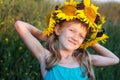 Ukrainian kid girl at the field of sunflowers Royalty Free Stock Photo
