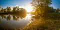 Ukrainian landscape of forest and river at sunset Royalty Free Stock Photo