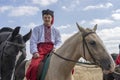 Ukrainian men on horseback participate in the Ethno-eco festival Kolodar in city Slavuta, Ukraine Royalty Free Stock Photo