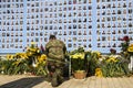 Ukrainian military near Memory Wall of Fallen Defenders of Ukraine in war in Eastern Ukraine 2014-2020. Kyiv, Ukraine