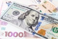 Ukrainian money - 500 hryvnia banknotes USA 100 dollars bills. Finance crisis in Ukraine, the fall of the hryvnia to the dollar Royalty Free Stock Photo