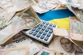 Ukrainian Money on national flag blue yellow, finance conccept