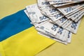 Ukrainian Money on national flag blue yellow, finance conccept