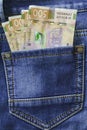 Ukrainian money. New banknotes five hundred hryvnia bills UAH in the back pocket of blue jeans. Money concept Royalty Free Stock Photo