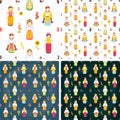 Ukrainian national costumes. Vector icons. Ukrainian characters. Seamless background