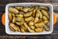 Ukrainian national dish is baked potatoes. Ceramic bowl with potato slices background, top view