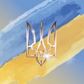 Ukrainian national emblem trident on Ukrainian flag background