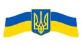 Ukrainian national flag with the coat of arms on a blue background. Blue and yellow Ukrainian flag. Emblem of Ukraine