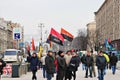 Kiev, Ukraine. Ukrainian nationalists demonstrate in the city center with the UPA flags .