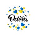 Ukrainian Odesa Vector Lettering illustration with blue yellow hearts