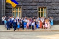 Ukrainian officials and ministers near the Building of Cabinet of Ministers during celebration of Day of State Flag of Ukraine