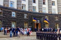 Ukrainian officials, ministers and police officers near the Building of Cabinet of Ministers during celebration of Day of State