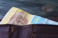 Ukrainian one hrivna bill in old shabby leather wallet on wooden