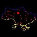 Ukrainian outline map in the color of blue and yellow flag. Heart in Kyiv, other cities. Concept save Ukraine, stop war.