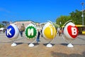 Ukrainian Paschal painted eggs Festival. Salutatory banner with word KYIV from four painted eggs models on Sofia square. Royalty Free Stock Photo