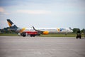 Ukrainian passenger plane AZURAIR Boeing 757-300 UR-AZO. Airport apron. Aircraft on runway. Airplane arrives. Ukraine