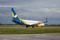 Ukrainian passenger plane AZURAIR Boeing 737-800 UR-UTQ. Airport apron. Aircraft on runway. Airplane arrives. Ukraine Royalty Free Stock Photo