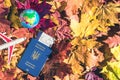 Ukrainian passport with boarding pass, toy plane and globe lying on the maple leaves in the autumn forest. Travel Concept.