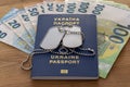 Ukrainian passport, soldier identification badge, euro banknotes. Concept: corruption in Ukraine, evasion of mobilization