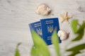 Ukrainian passports for traveling abroad, starfish and seashells with copy space. Blurred leaves in the foreground on the