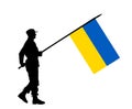 Ukrainian patriot soldier with flag defends country vector silhouette illustration isolated