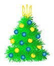 Ukrainian patriotic Christmas tree with a trident on top and blue and yellow balls