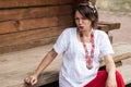 Ukrainian pregnant woman in traditional embroidered shirt Royalty Free Stock Photo